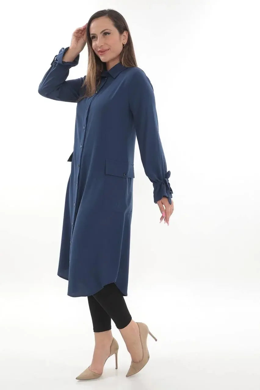 Palestinian Elegance long relaxed tunic for women in navy blue with button-down front and cuffed sleeves