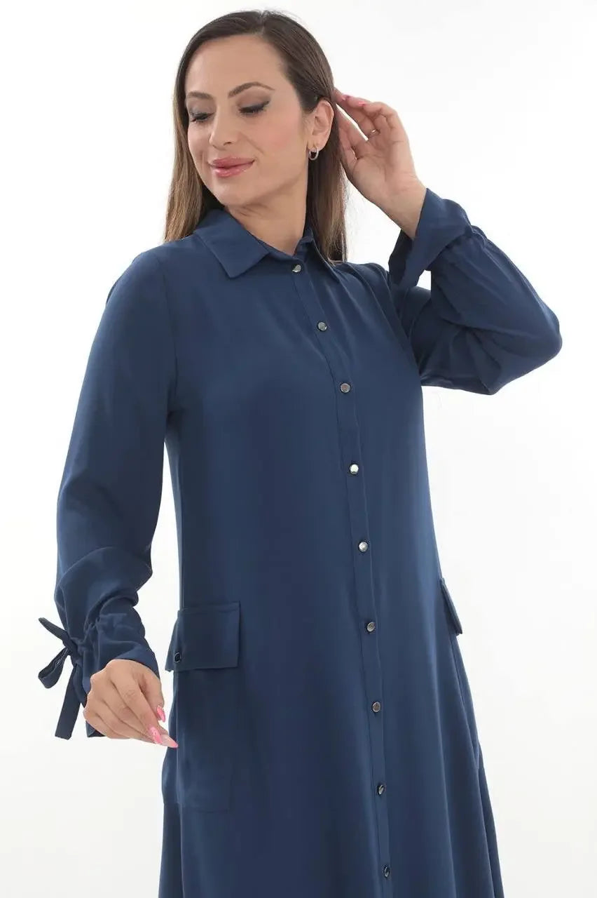 Palestinian Elegance casual long relaxed tunic for women in navy blue with button front and tie sleeves