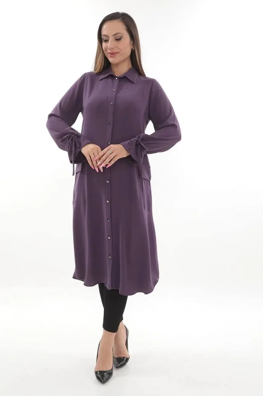 Palestinian Elegance long relaxed tunic for women in purple with button front and tie detail sleeves