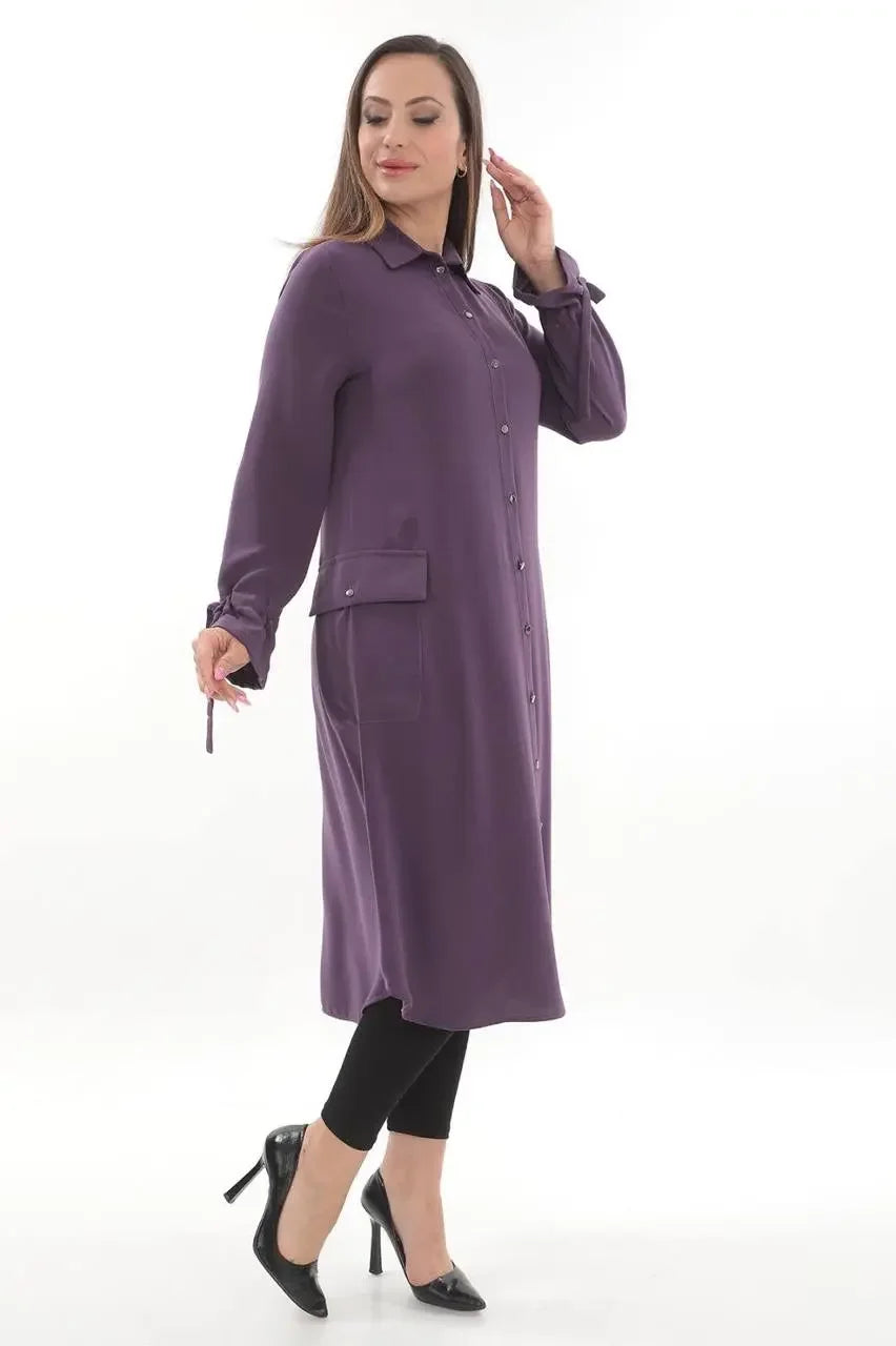 Palestinian Elegance long relaxed tunic for women in purple with button front and side pockets