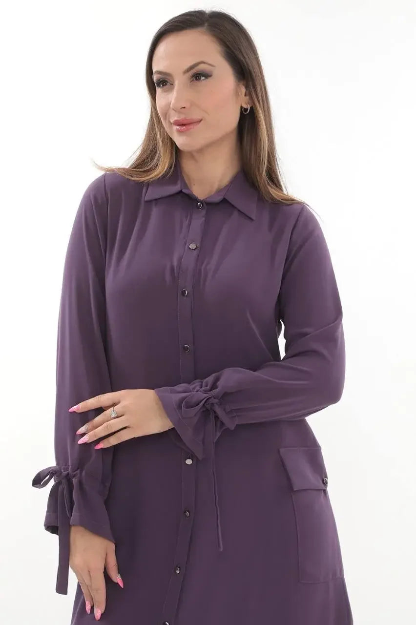 Palestinian Elegance long relaxed tunic for women in purple with button front and tie sleeves