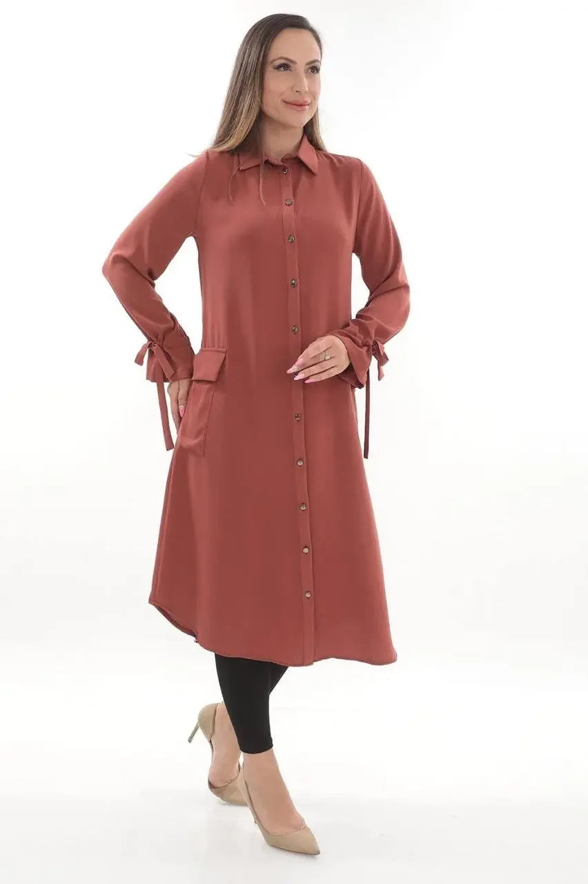 Palestinian Elegance long relaxed tunic for women in rust color with button front and tie sleeves