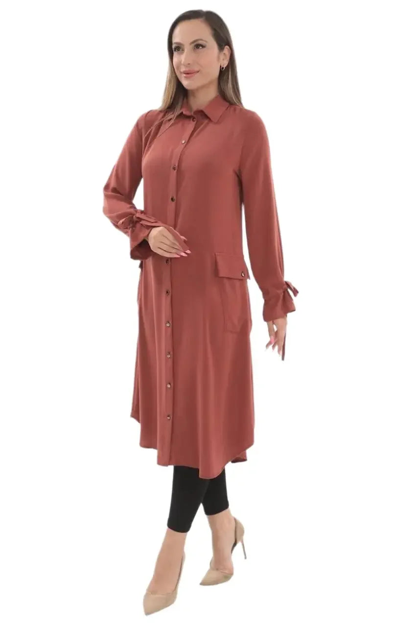 Palestinian Elegance long relaxed tunic for women in rust color with button front and pockets