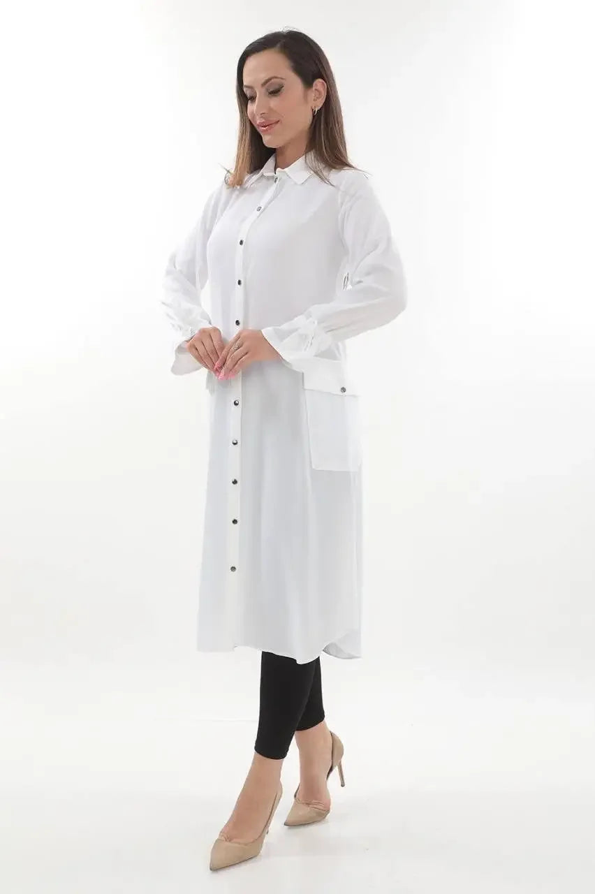 Palestinian Elegance white long relaxed tunic for women with button front and side pockets
