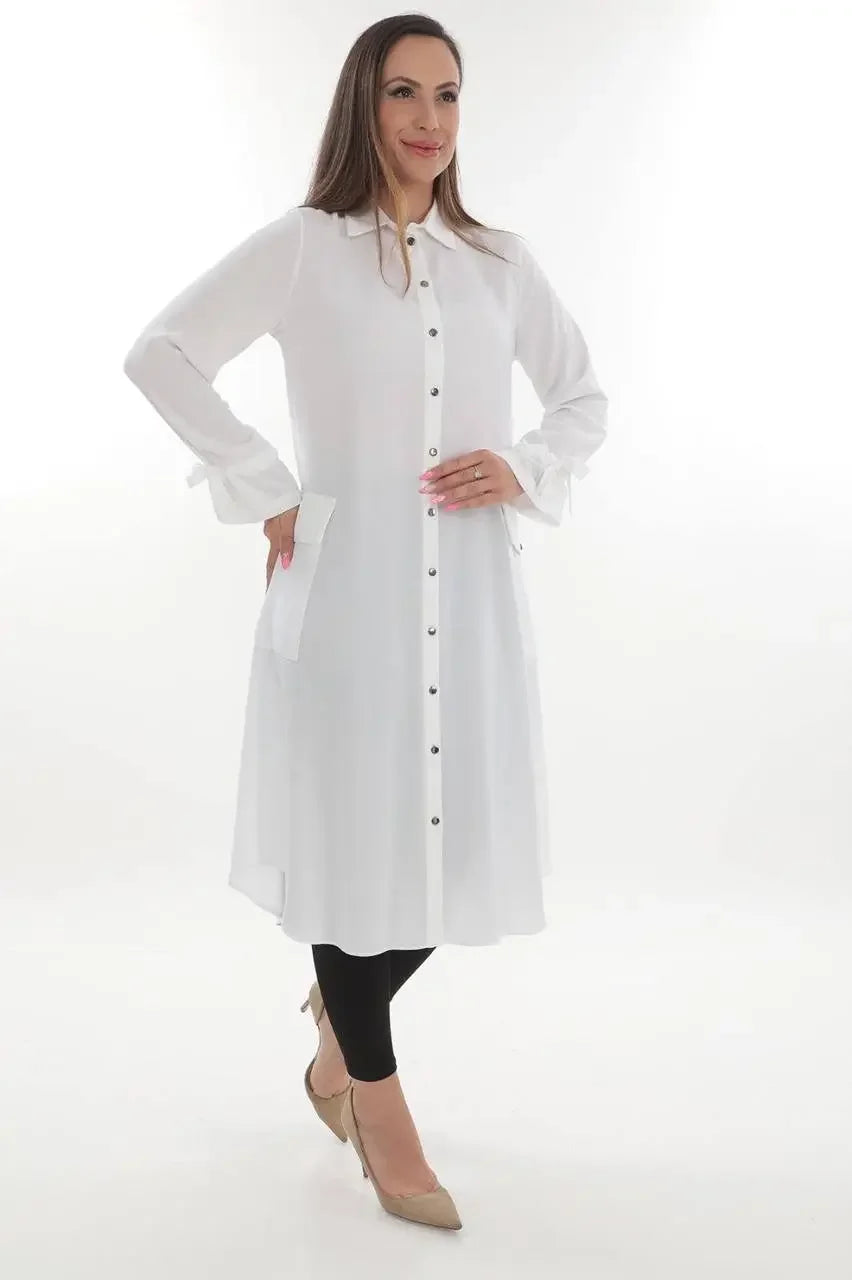 Palestinian Elegance white long relaxed tunic for women with buttons and collar