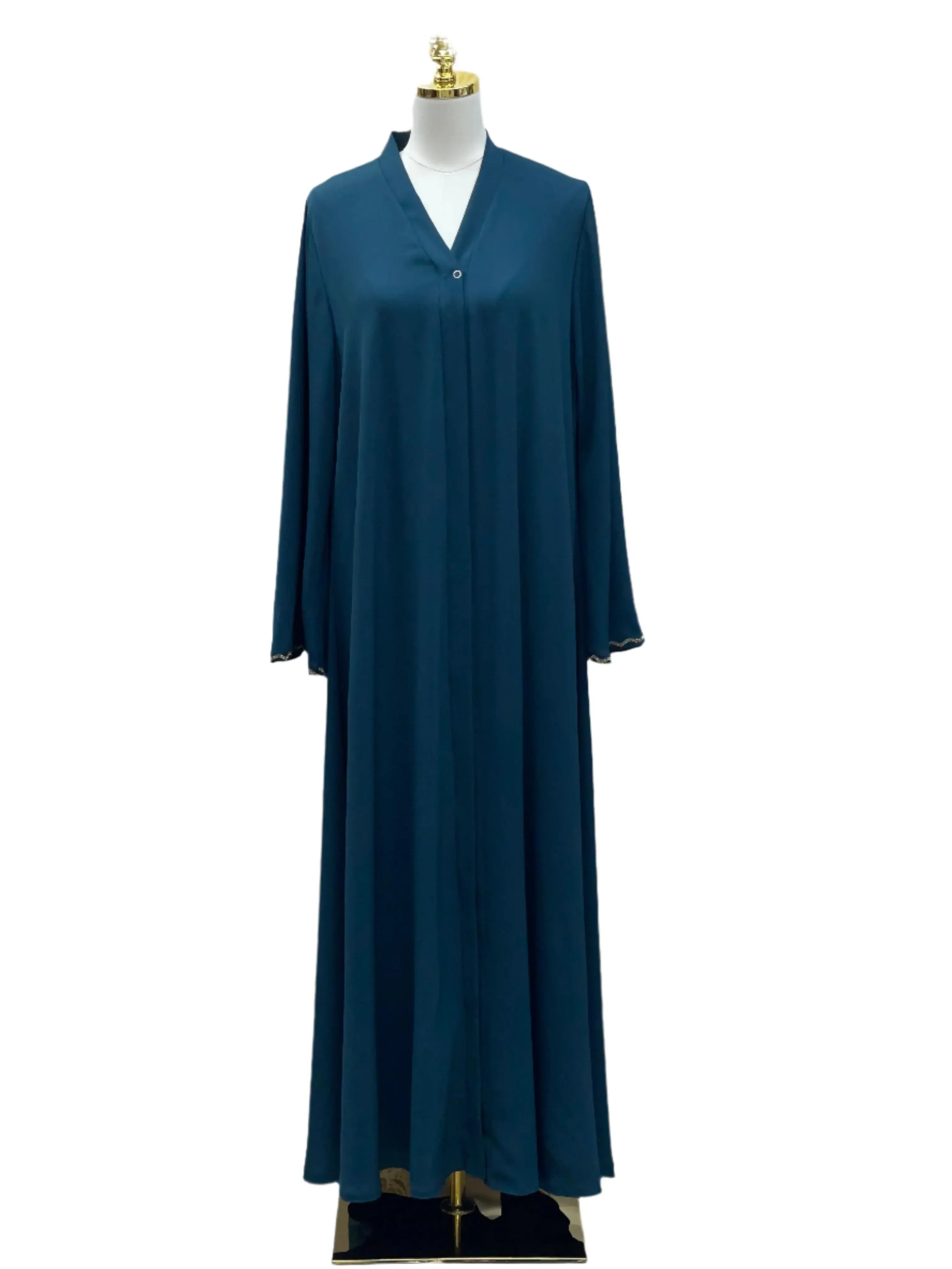 Palestinian Elegance luxurious cloche cut abaya in deep blue with long sleeves and button detail