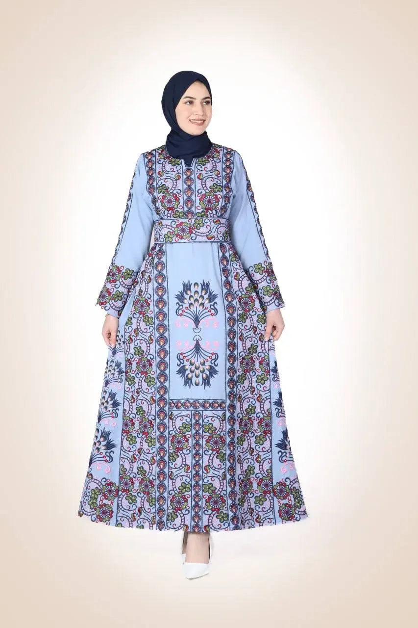 Palestinian Elegance luxury embroidered abaya dress with intricate floral embroidery in shades of blue and purple