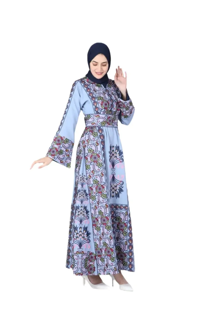 Palestinian Elegance luxury embroidered abaya dress in blue with intricate floral embroidery and long sleeves