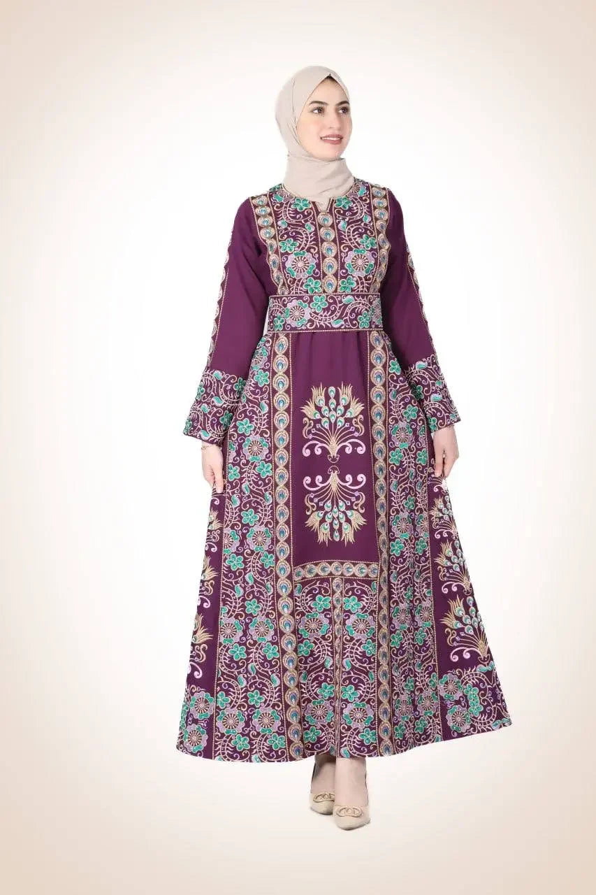 Palestinian Elegance luxury embroidered abaya dress in purple with intricate colorful floral embroidery