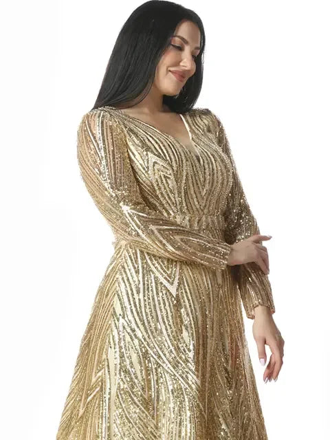 Palestinian Elegance luxury embroidered evening dress with gold sequins and long sleeves