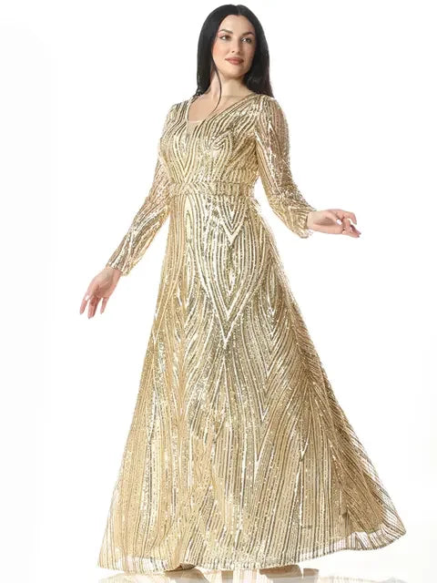 Palestinian Elegance luxury embroidered evening dress in gold with long sleeves and intricate sequin patterns