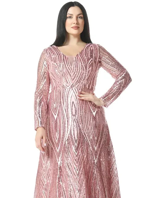 Luxury embroidered evening dress by Palestinian Elegance in pink with detailed sequin patterns and long sleeves