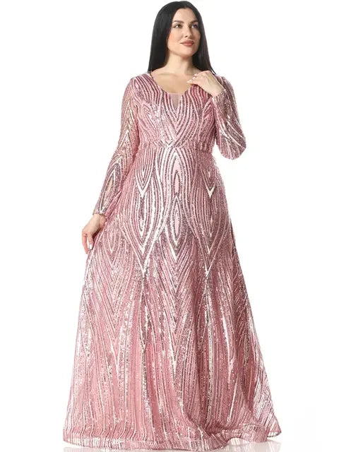 Palestinian Elegance luxury embroidered evening dress in pink with long sleeves and intricate sequin pattern