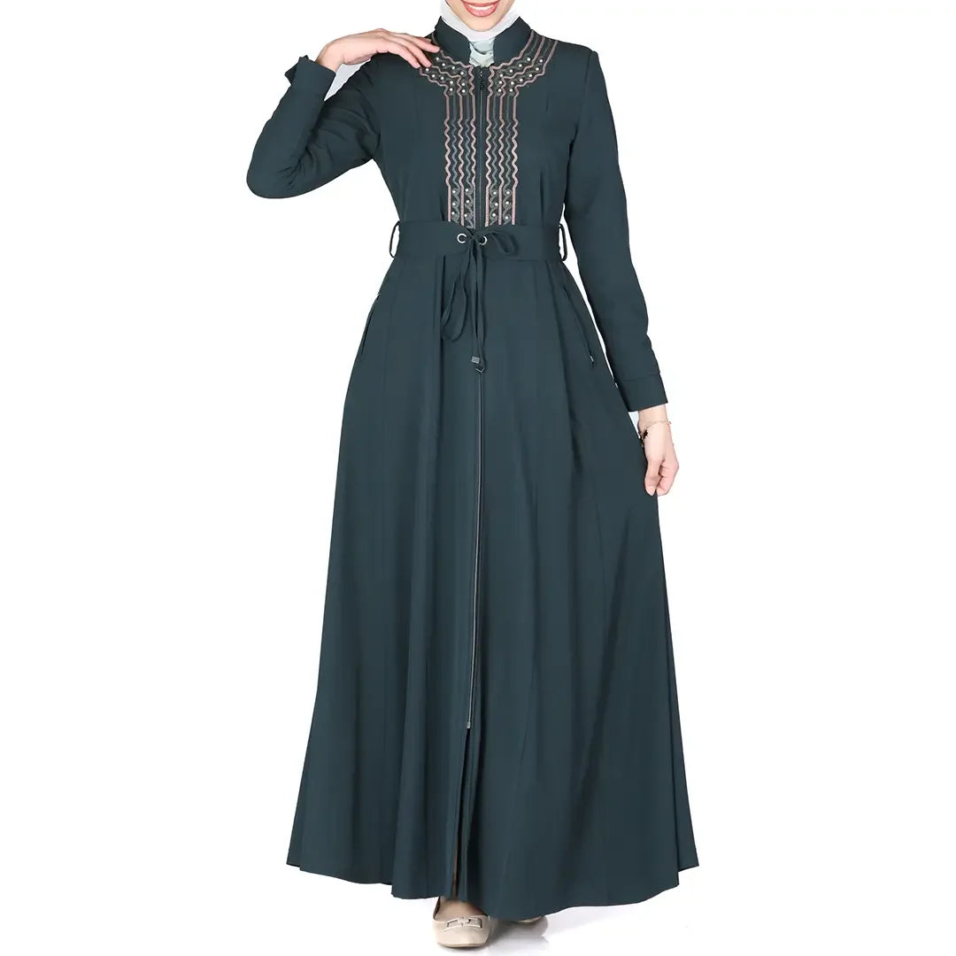 Palestinian Elegance luxury jilbab dress for women in dark color with intricate embroidery and long sleeves