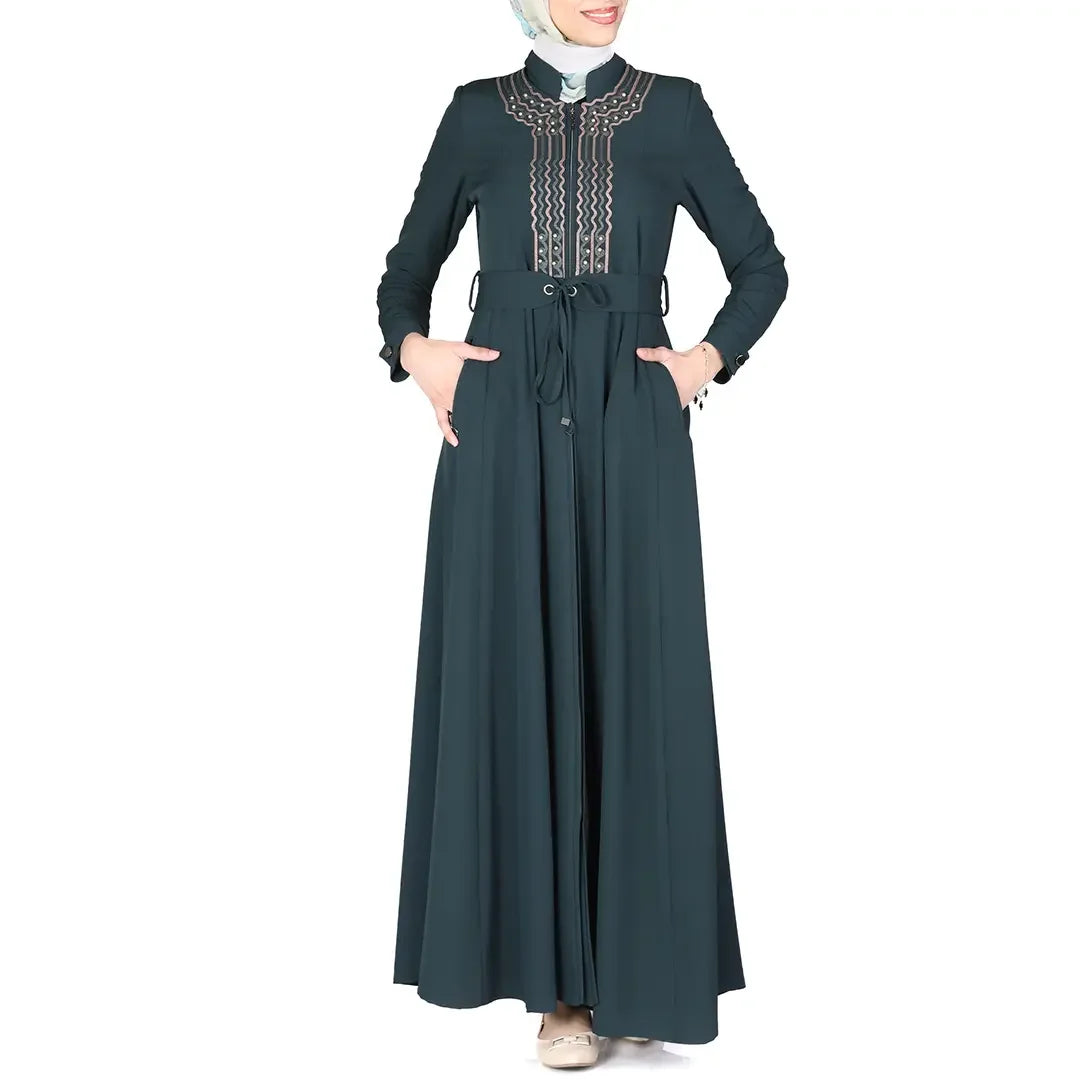 Palestinian Elegance luxury jilbab dress for women in dark green with embroidery and waist tie