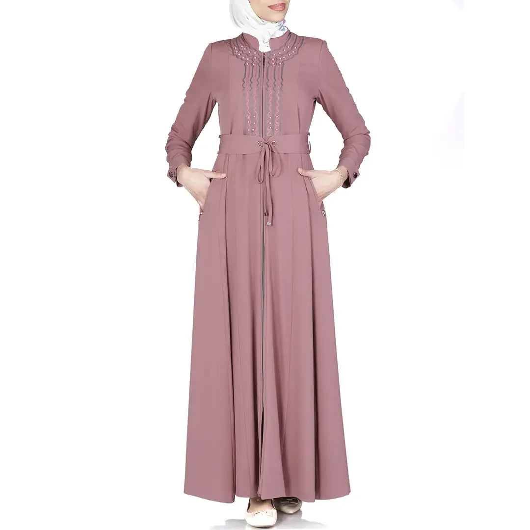 Elegant mauve luxury jilbab dress for women with long sleeves and front embroidery by Palestinian Elegance