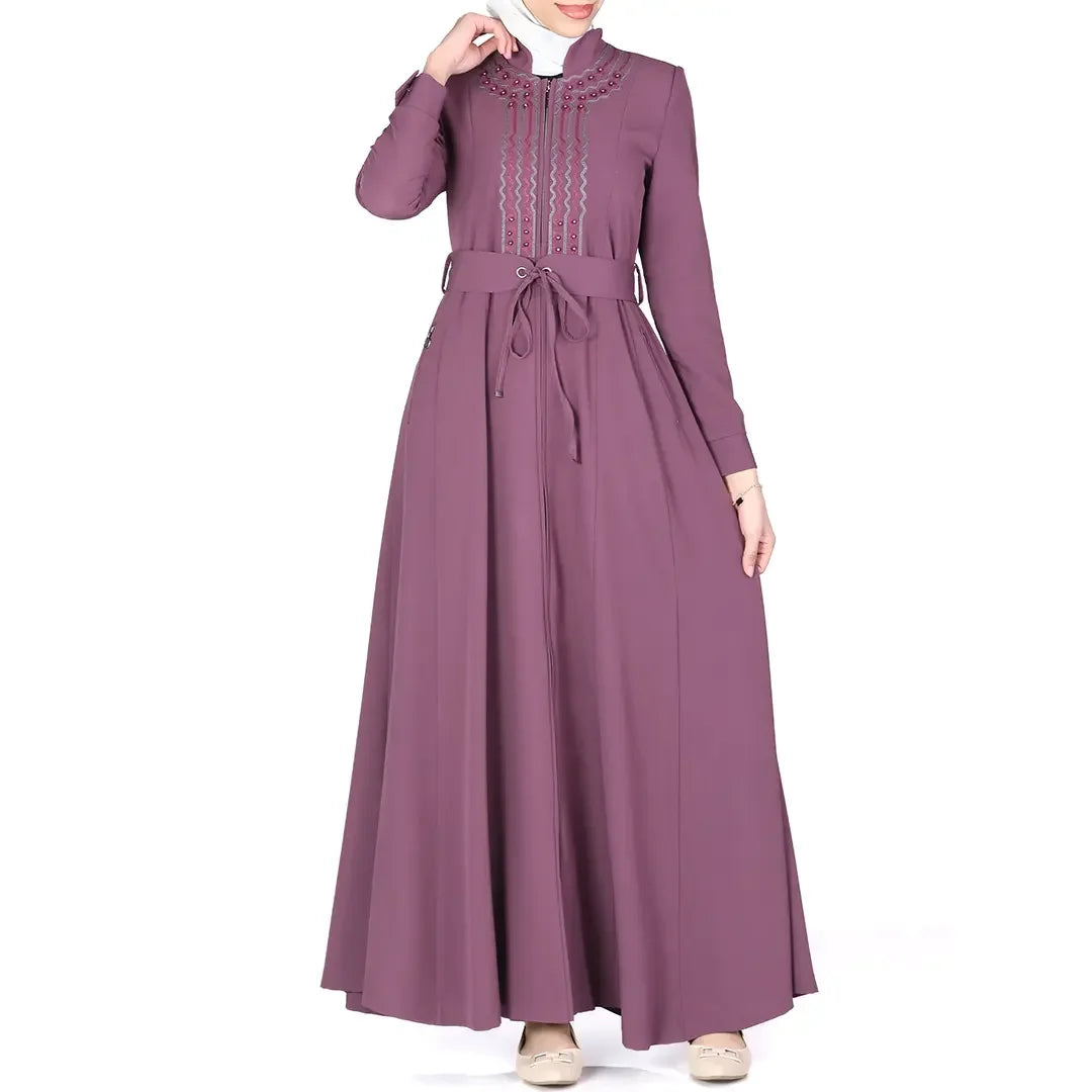 Elegant purple luxury jilbab dress for women with detailed embroidery and belted waist