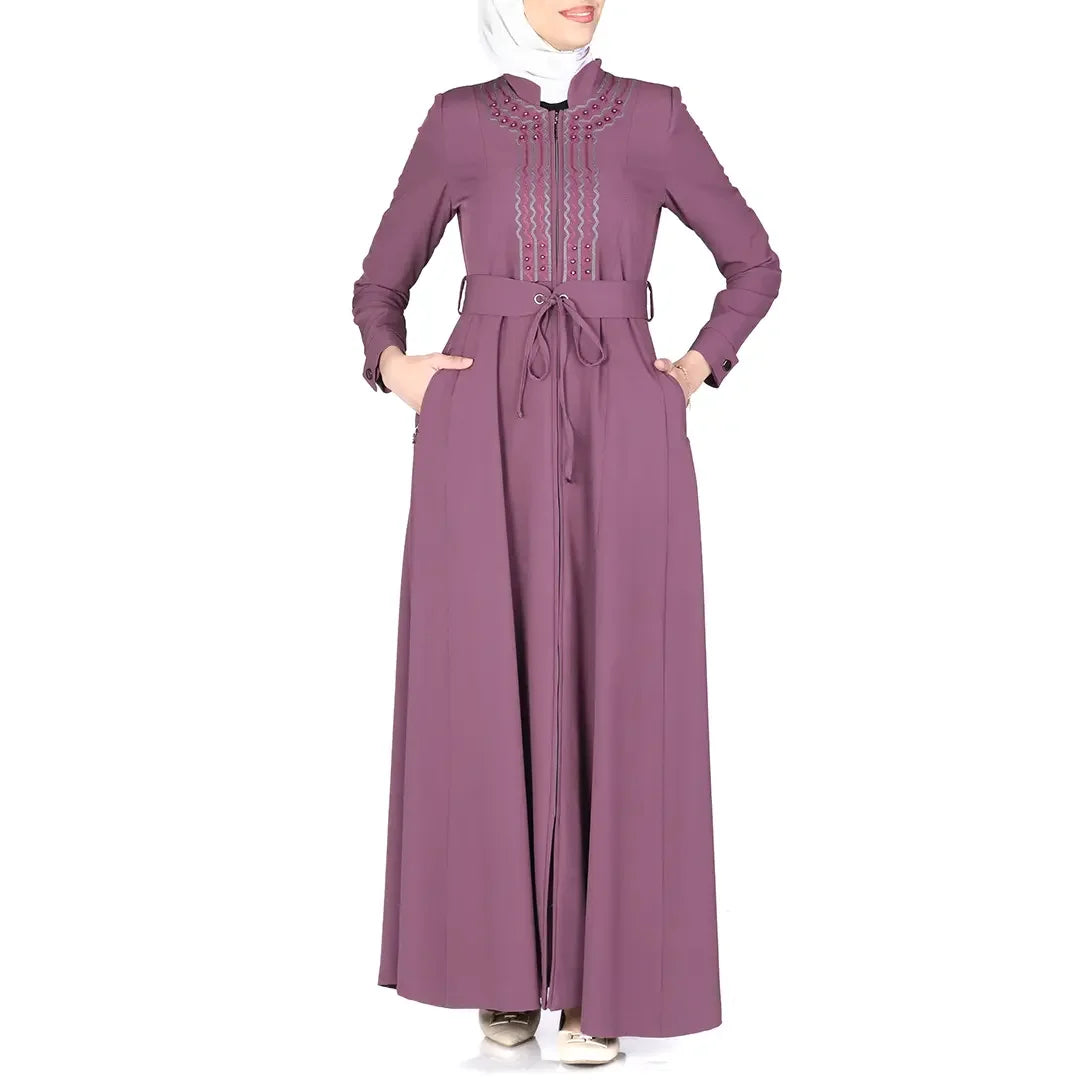 Purple luxury jilbab dress for women with embroidery details and waist tie belt by Palestinian Elegance