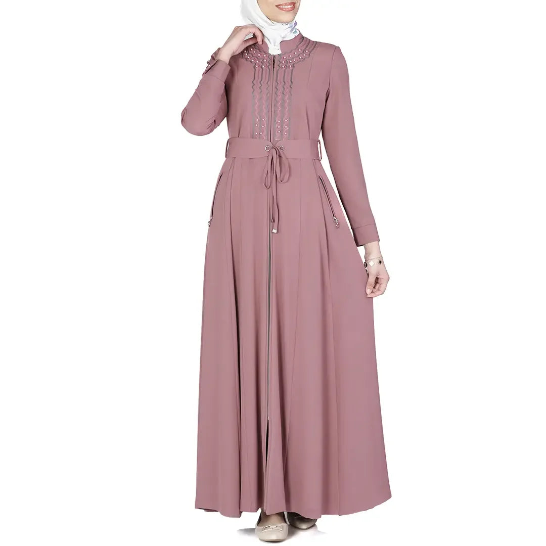 Elegant mauve luxury jilbab dress for women with long sleeves and front zip detailing