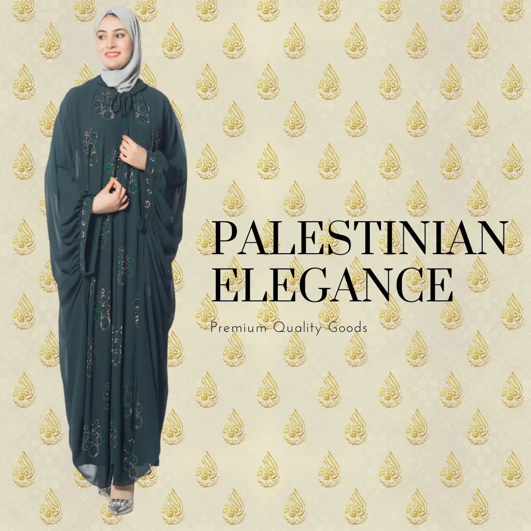 Woman wearing a luxury Palestinian abaya by Palestinian Elegance with floral embroidery and modest design