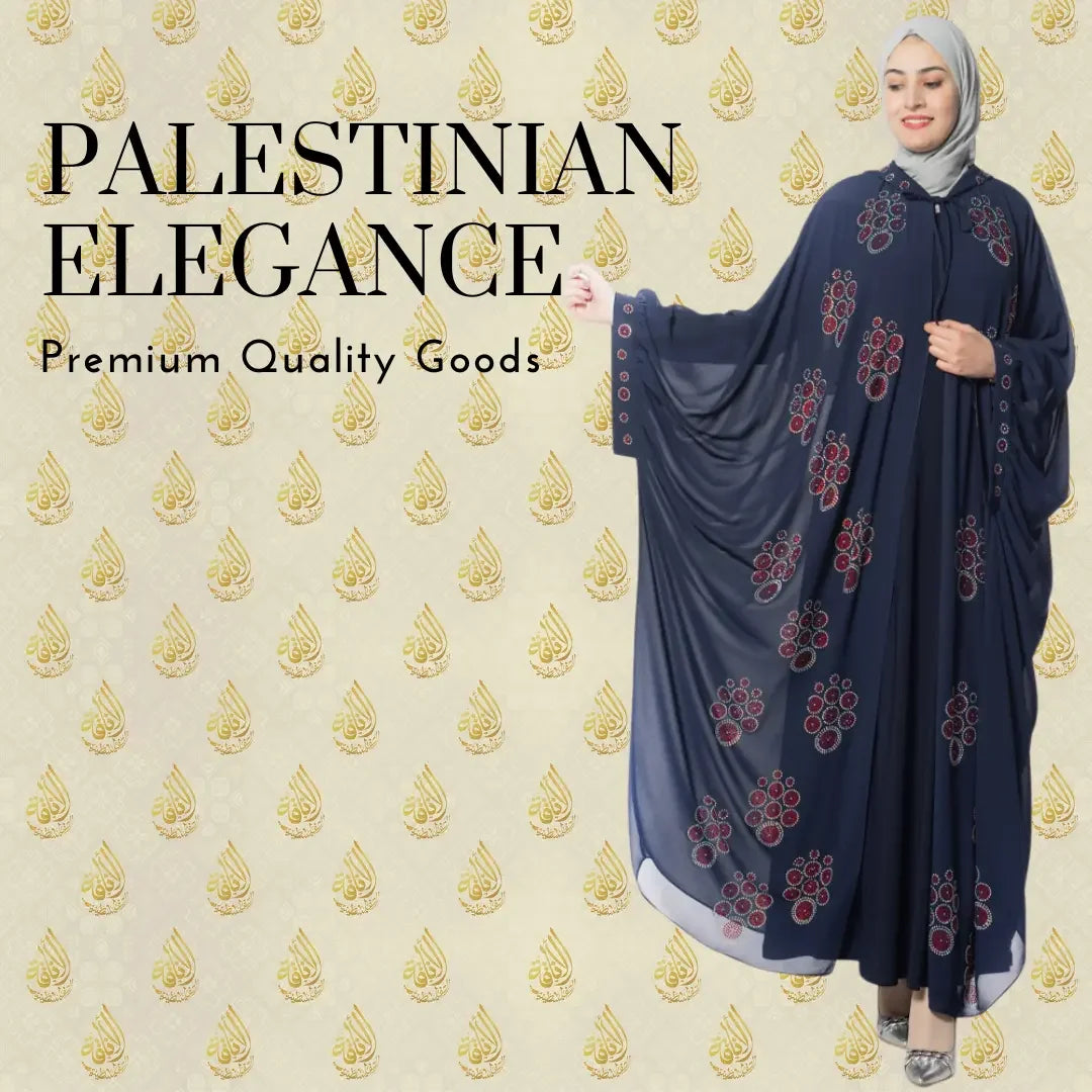 Luxury Palestinian abaya in navy blue with red embroidery worn by a woman in a light gray hijab