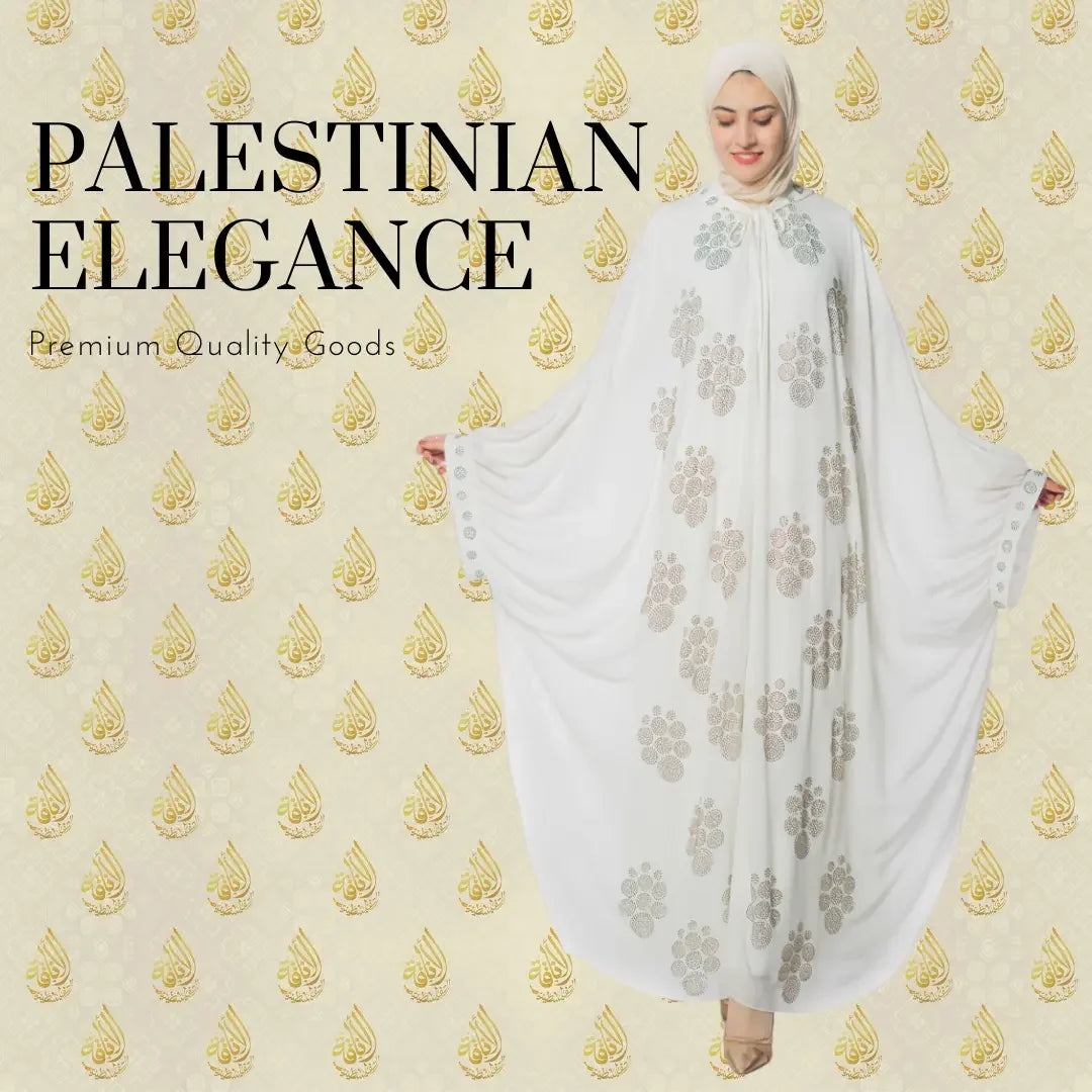 Luxury Palestinian abaya in white with elegant floral patterns by Palestinian Elegance