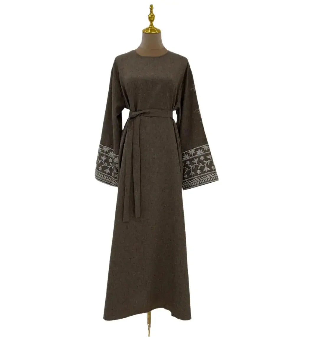 Palestinian Elegance luxury patchwork abaya in brown with embroidered sleeve detailing and waist tie belt