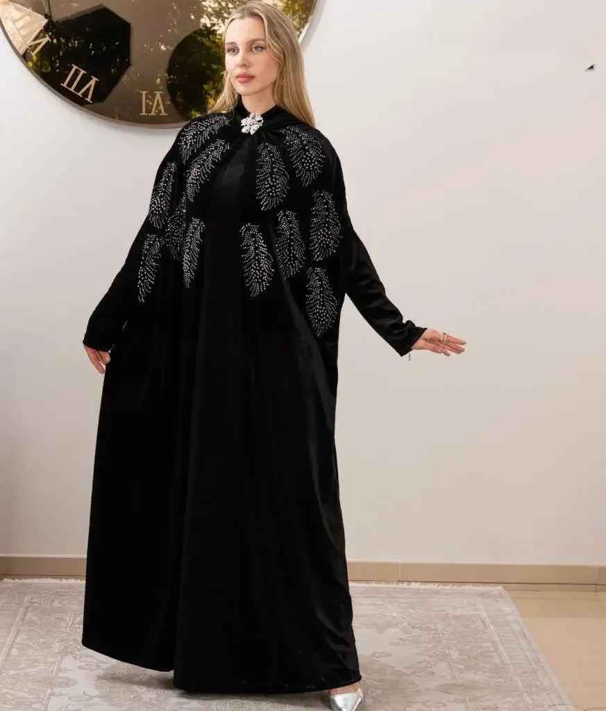 Black Velvet Bedazzled Abaya - Luxurious Elegance for Any Occasion