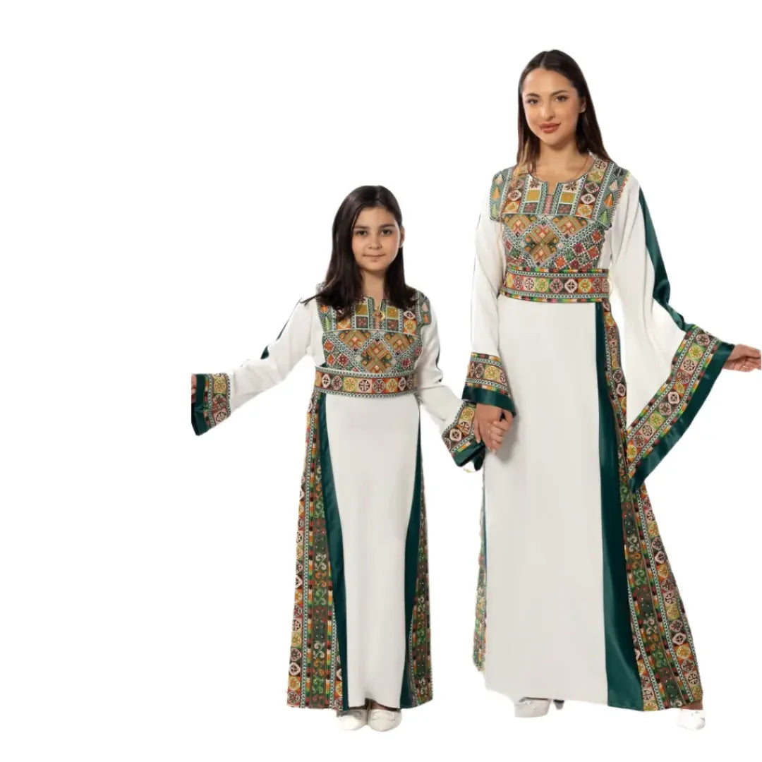 Palestinian Elegance matching thoub for mom and daughter with intricate traditional embroidery on white fabric
