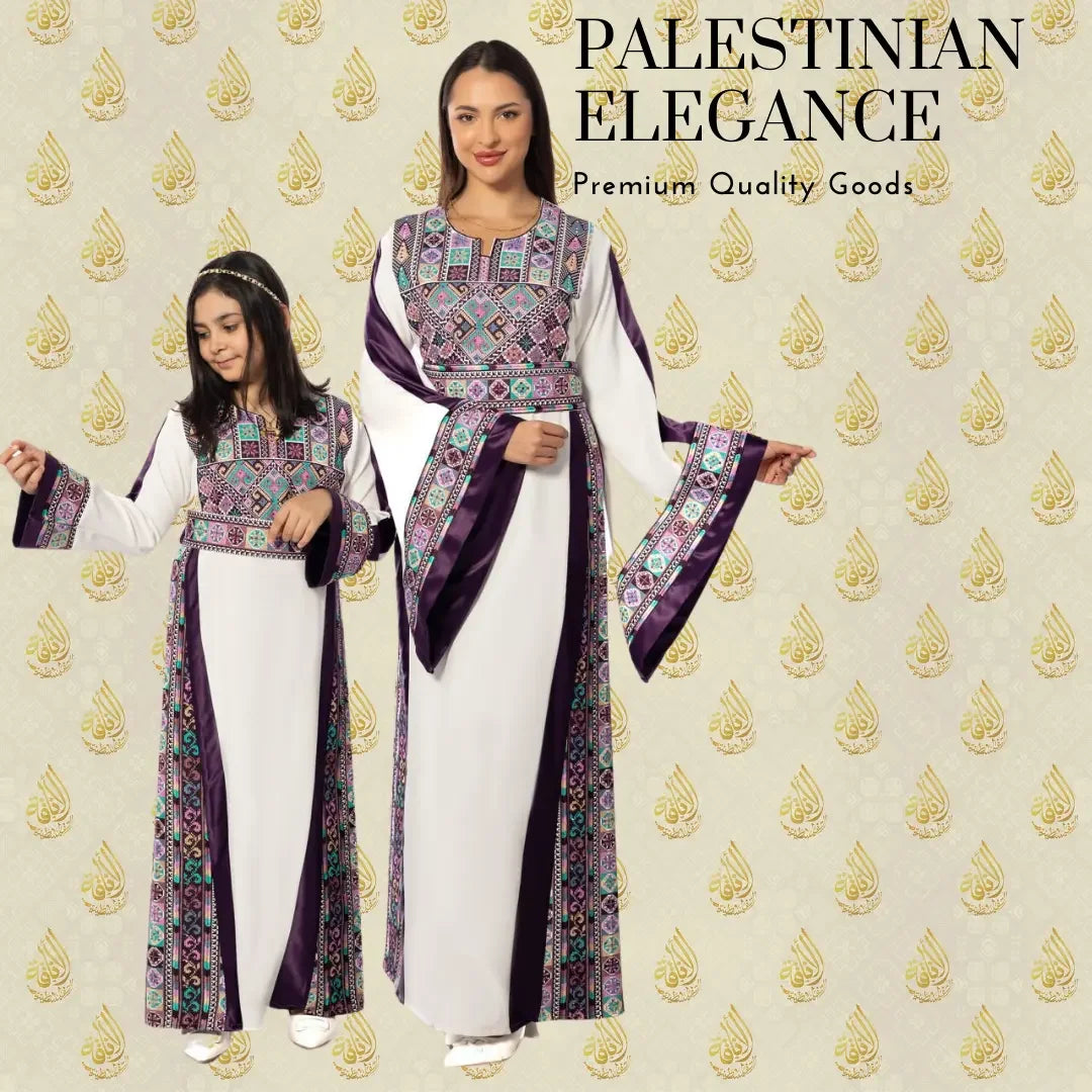 Matching thoub for mom and daughter with intricate Palestinian embroidery in white and purple by Palestinian Elegance