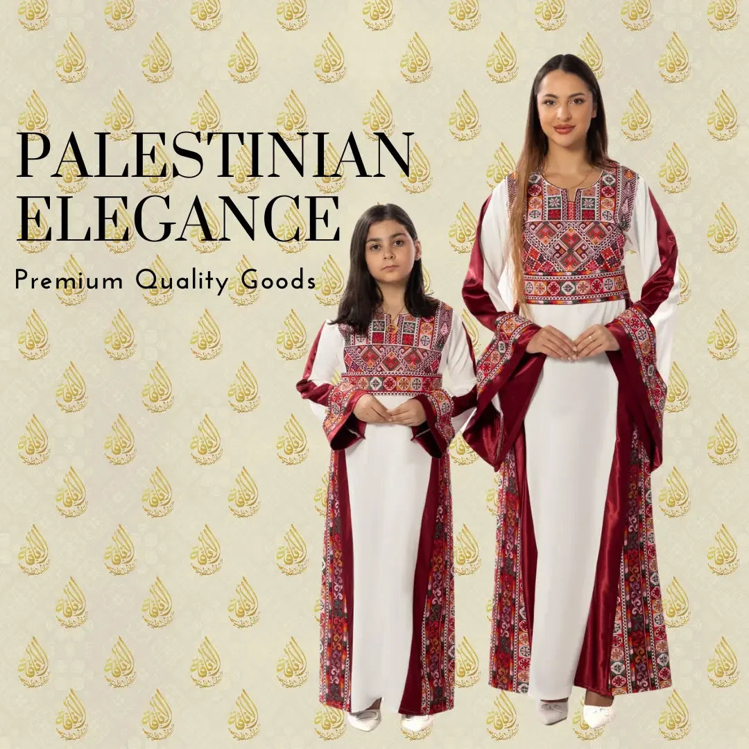Matching thoub for mom and daughter with traditional Palestinian embroidery by Palestinian Elegance