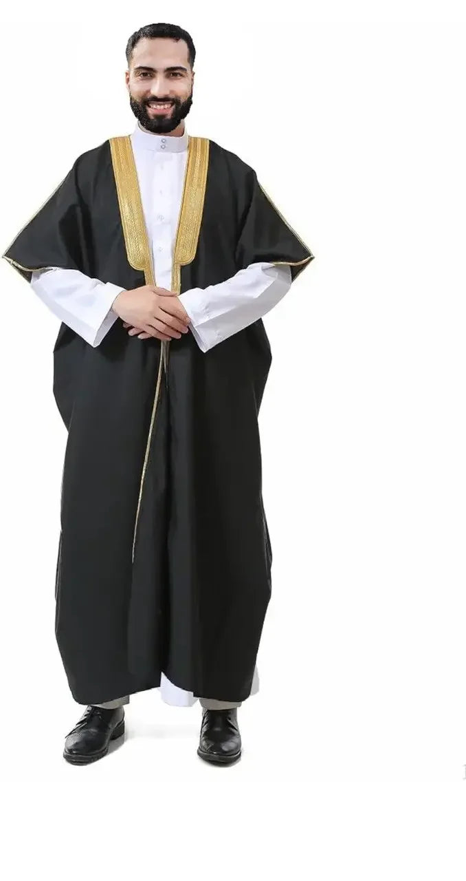Men wearing Palestinian Elegance men's cotton abaya bisht in black with gold trim and white traditional garment