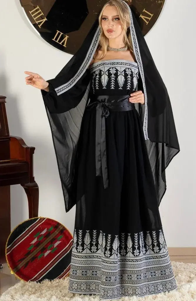Palestinian Elegance modern bridal thoub in black with white embroidery and matching headscarf