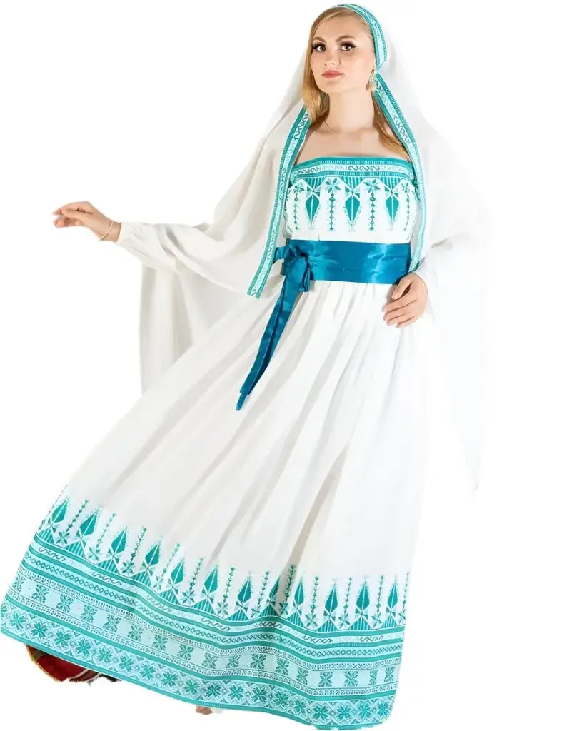 Modern bridal thoub by Palestinian Elegance with white fabric and turquoise embroidery details