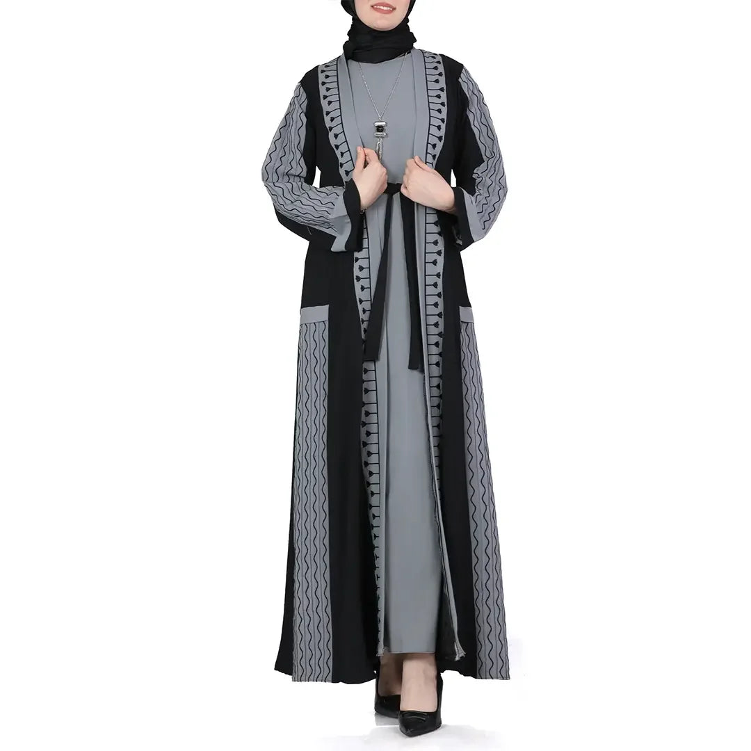 Palestinian Elegance modern embroidered abaya set in black and gray with intricate sleeve and front embroidery
