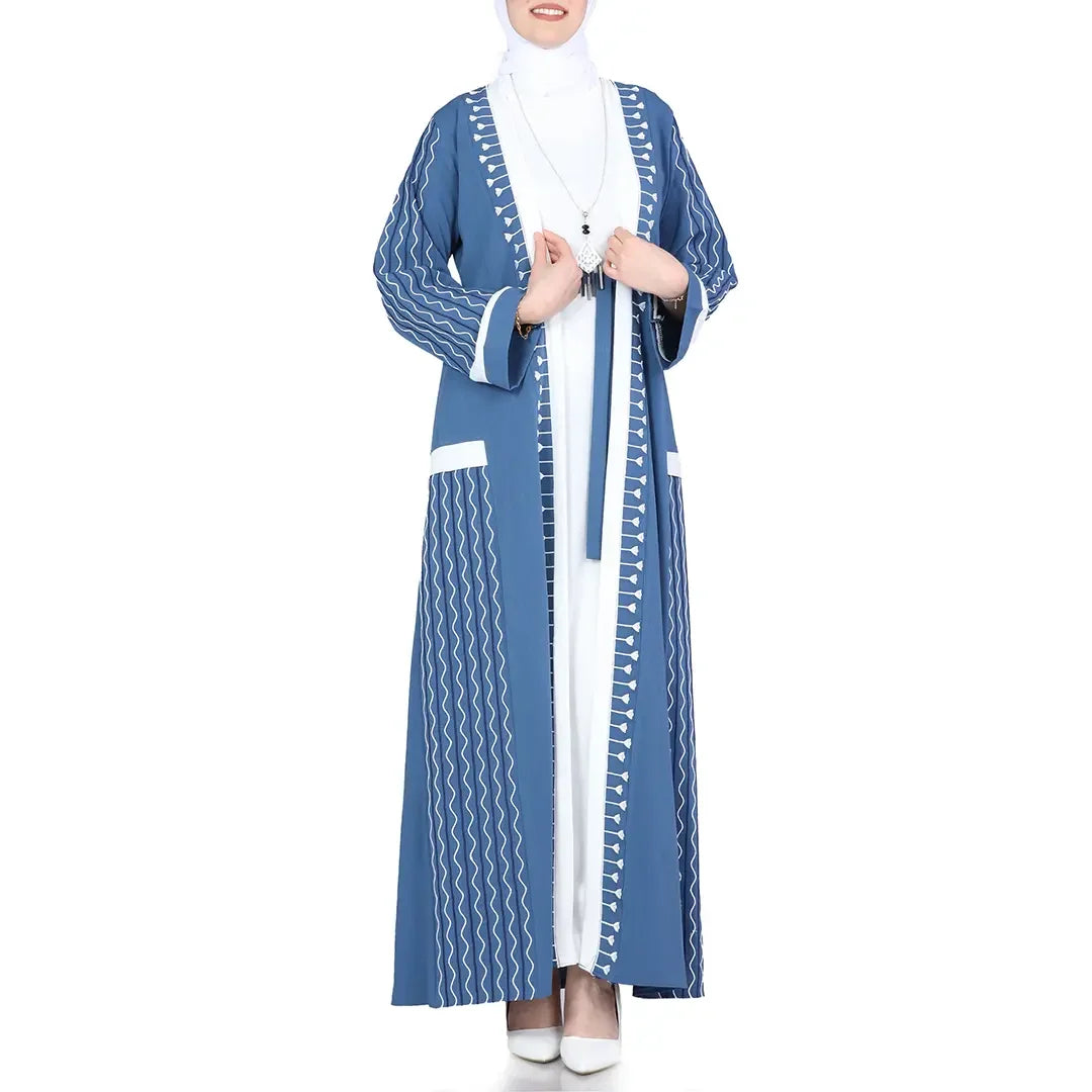 Palestinian Elegance modern embroidered abaya set in blue with white embroidery and matching belt