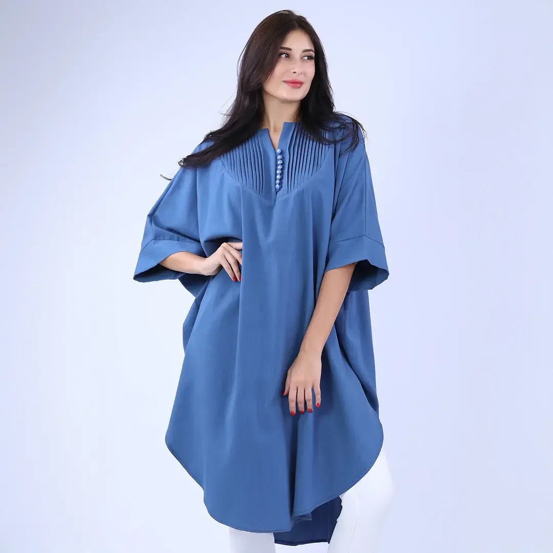 Palestinian Elegance casual modest cape top in blue with button and pleated detail