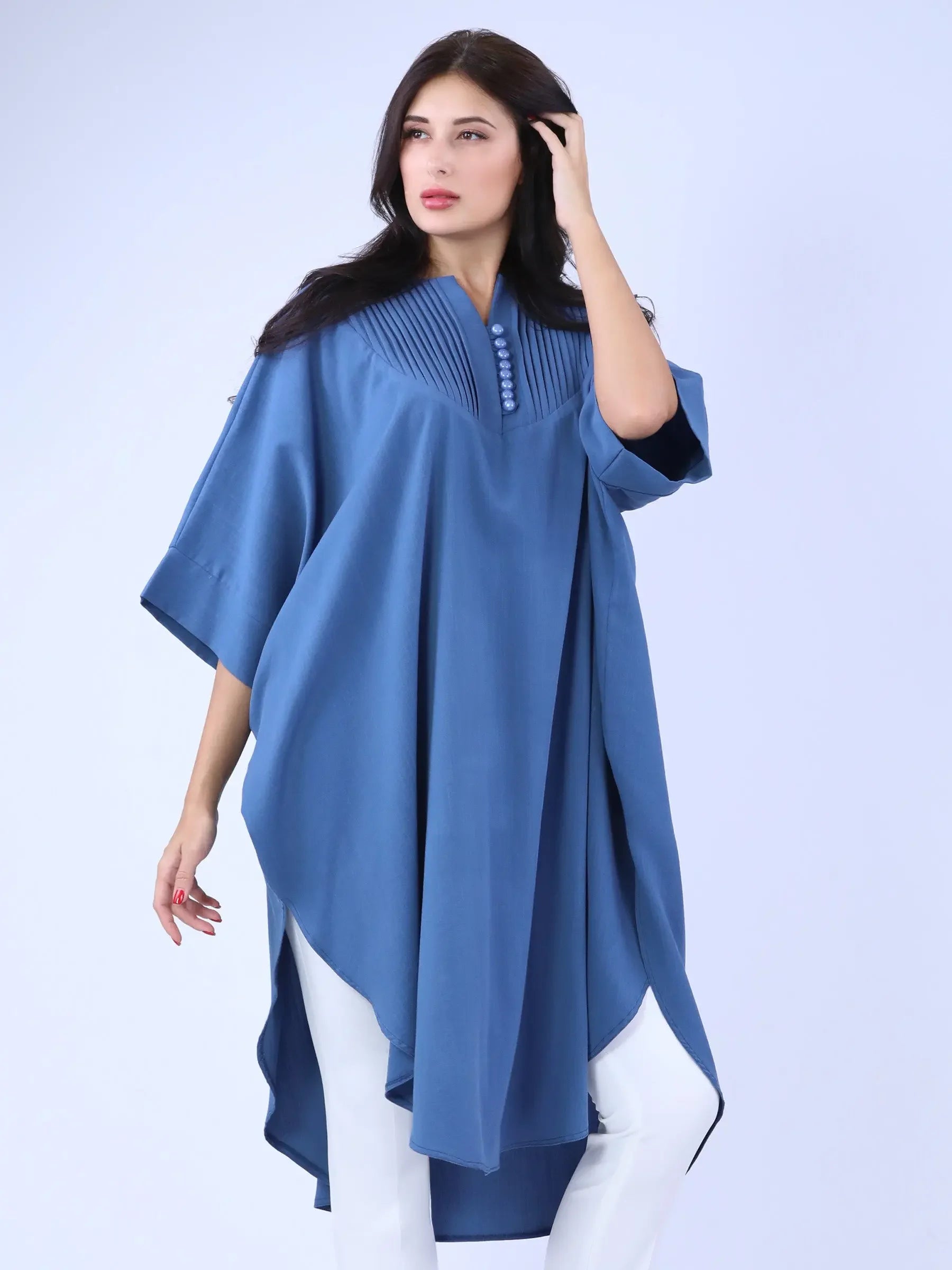 Palestinian Elegance casual modest cape top in blue with button details and loose fit