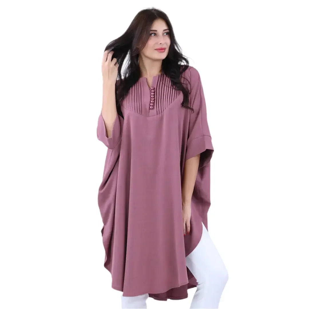 Palestinian Elegance casual modest cape top in mauve with button and pleated front detail