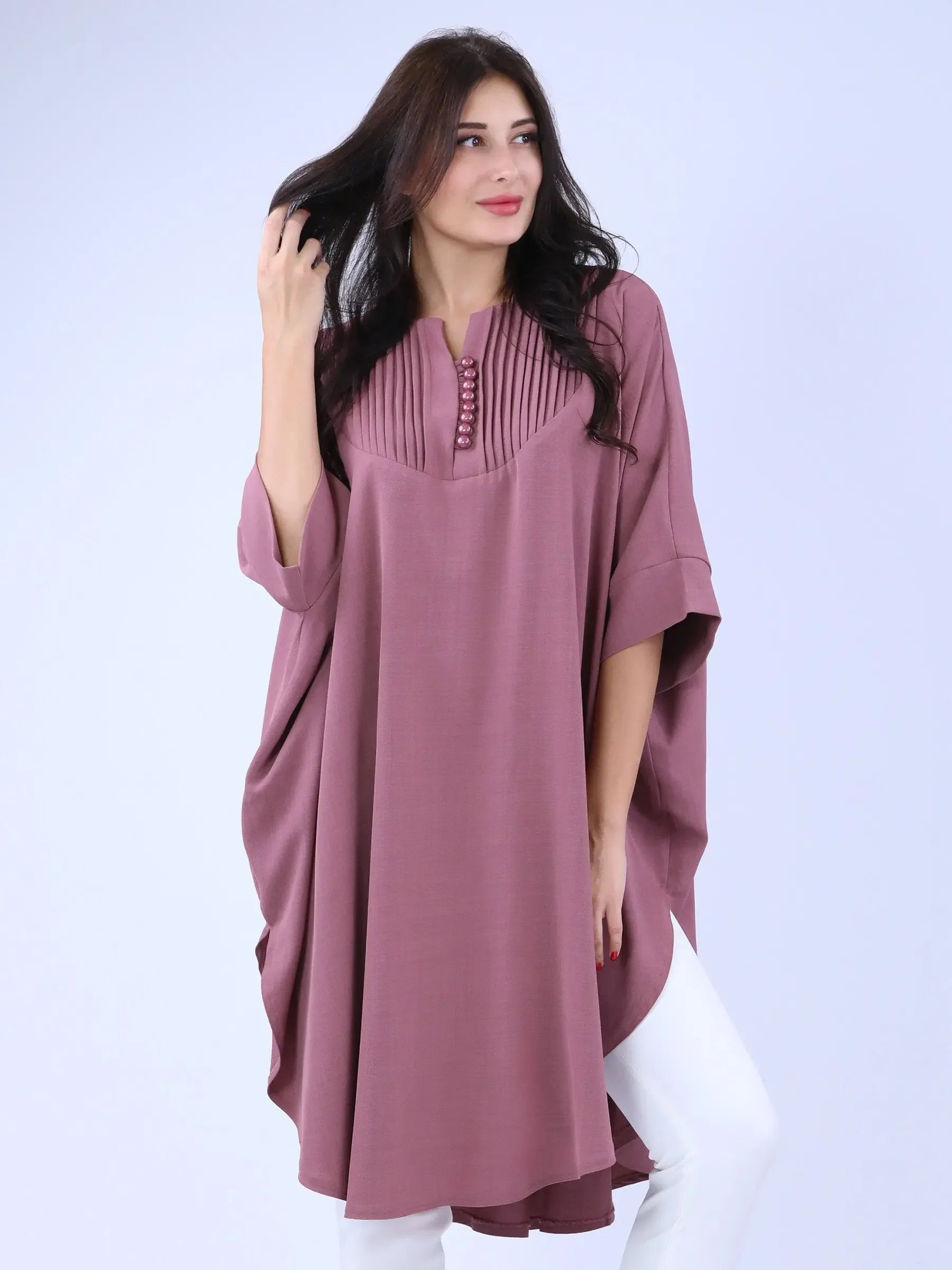 Palestinian Elegance modest cape top in mauve with pintuck details and button accents