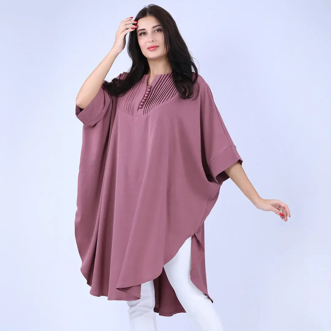 Palestinian Elegance modest cape top in mauve with buttoned neckline and loose casual fit