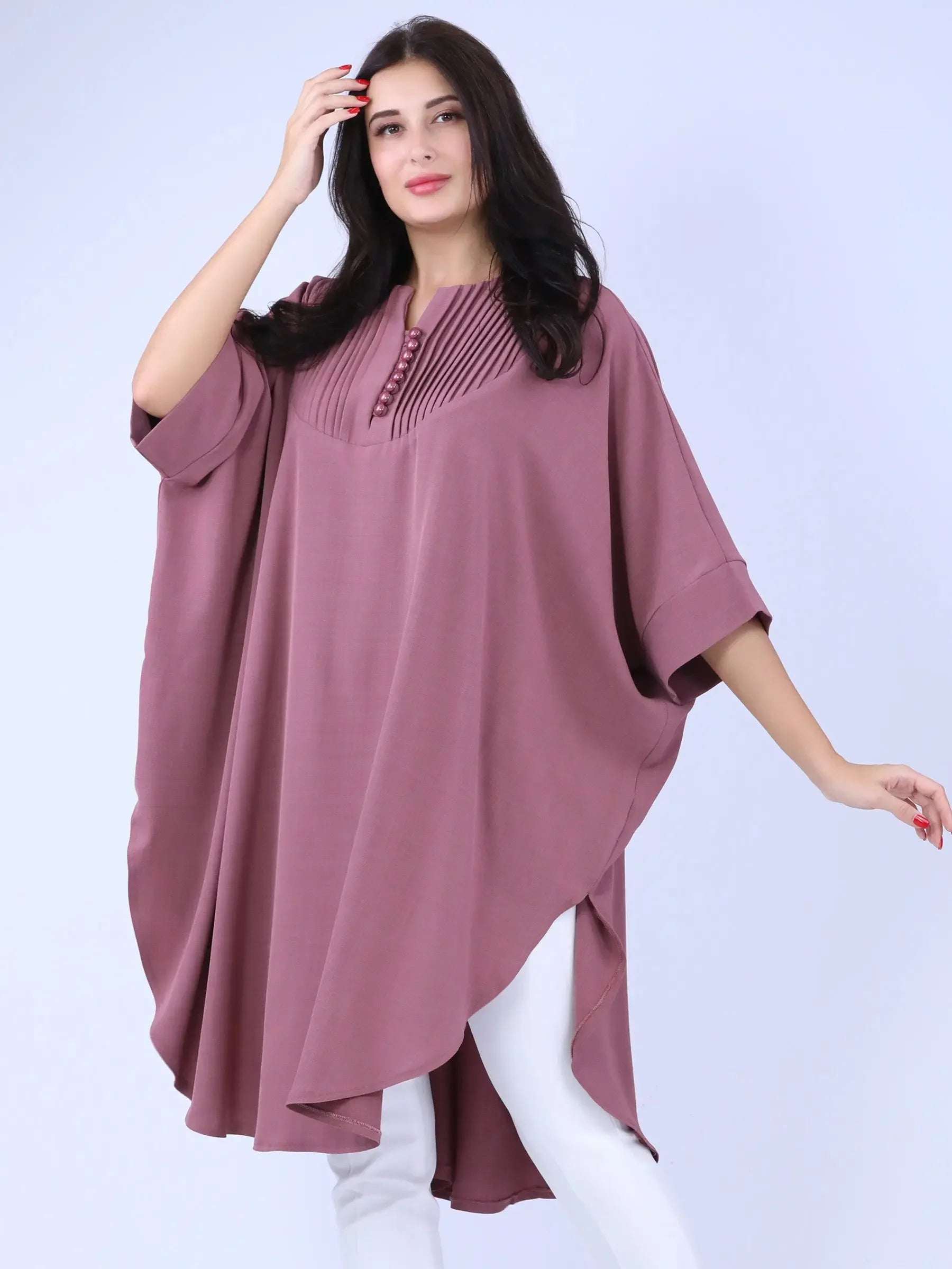 Palestinian Elegance modest cape top in mauve with buttoned neckline and relaxed casual fit