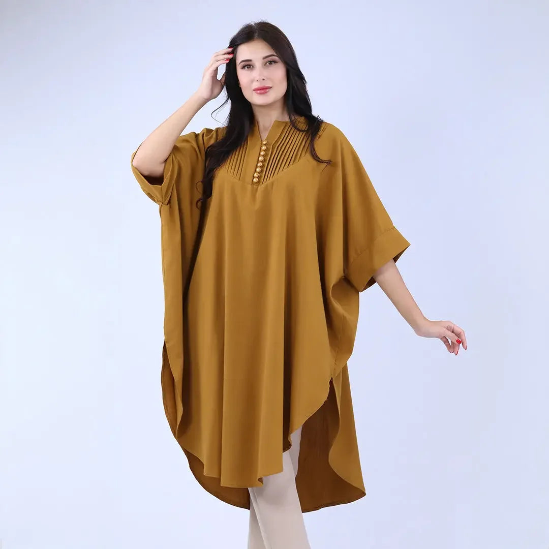 Palestinian Elegance casual modest cape top in mustard with button and pleated details