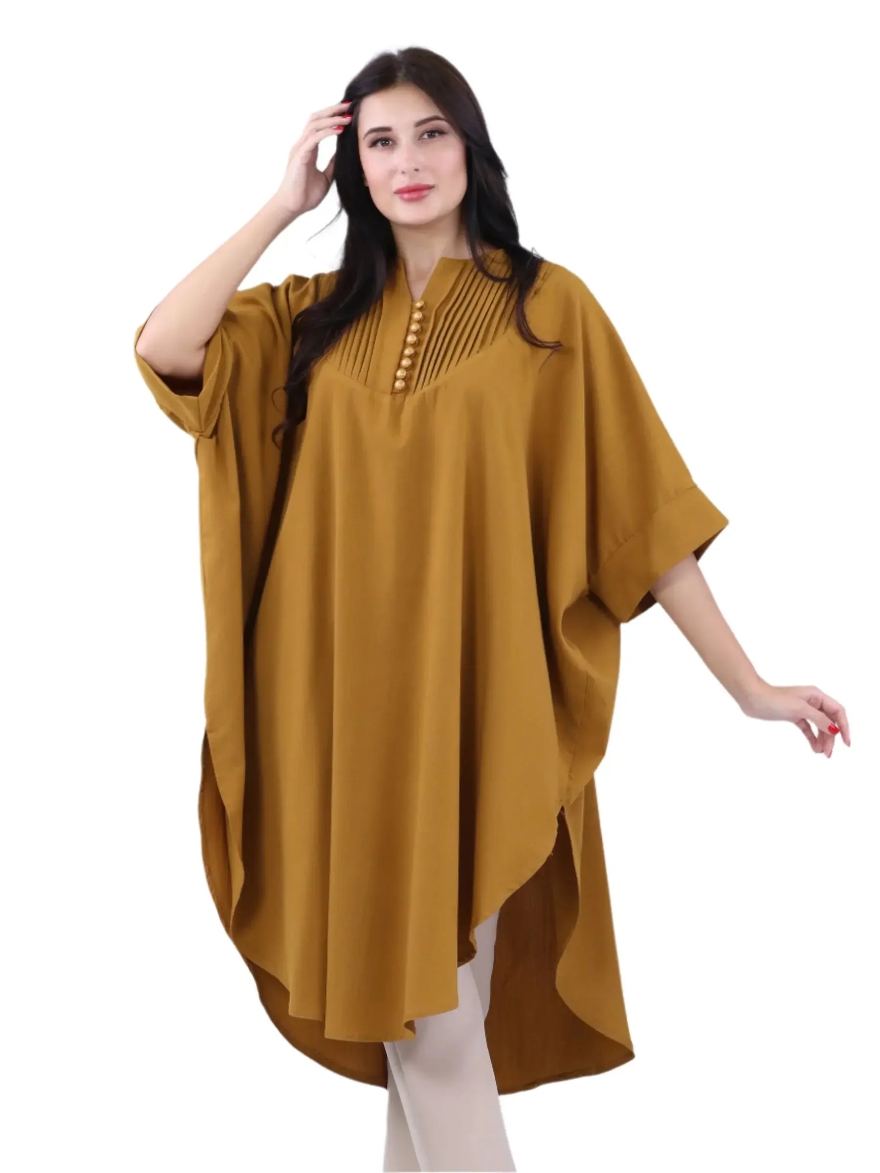 Palestinian Elegance mustard yellow casual modest cape top with button and pleated details