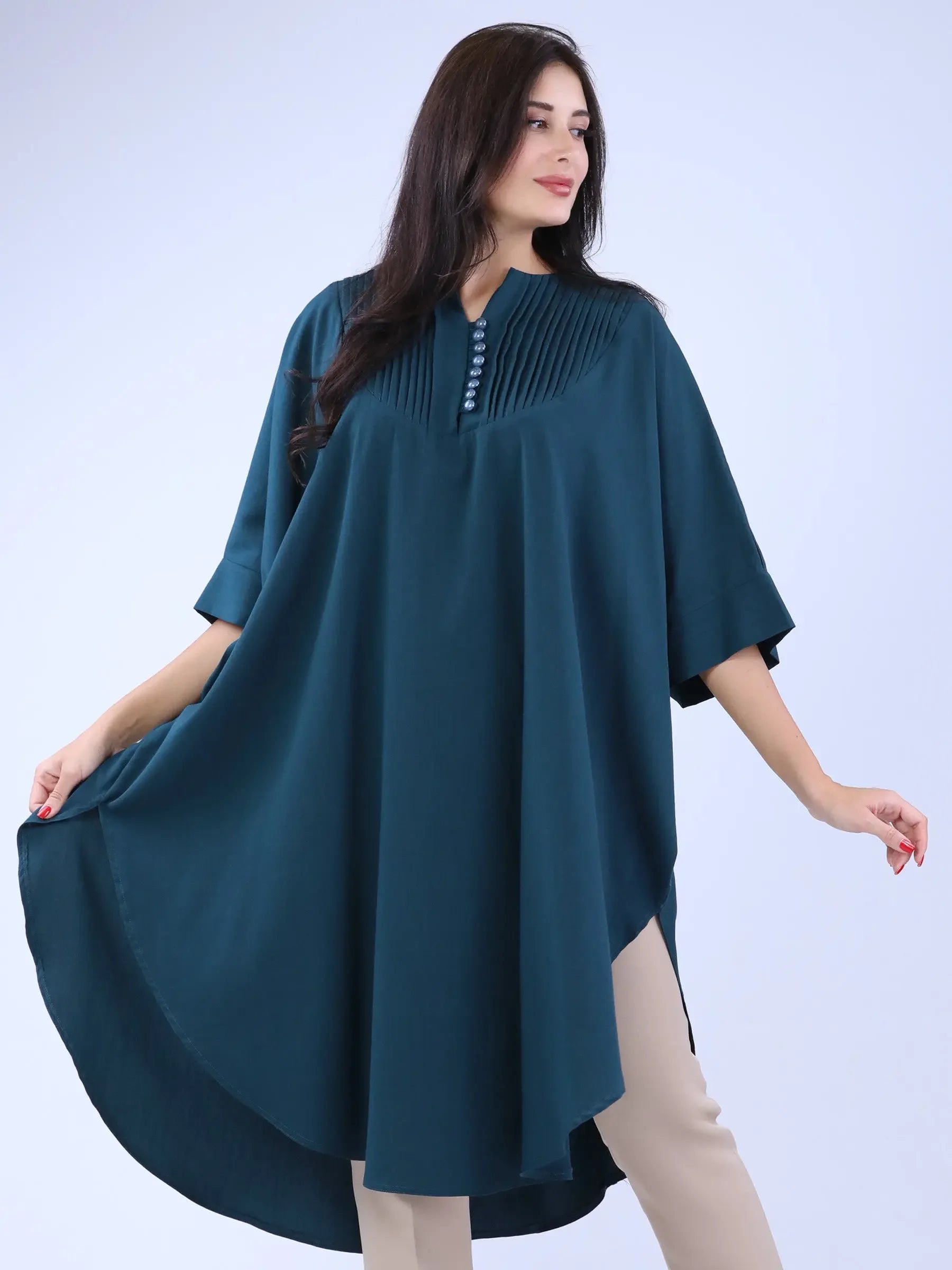 Palestinian Elegance casual modest cape top in dark teal with button and pleated design