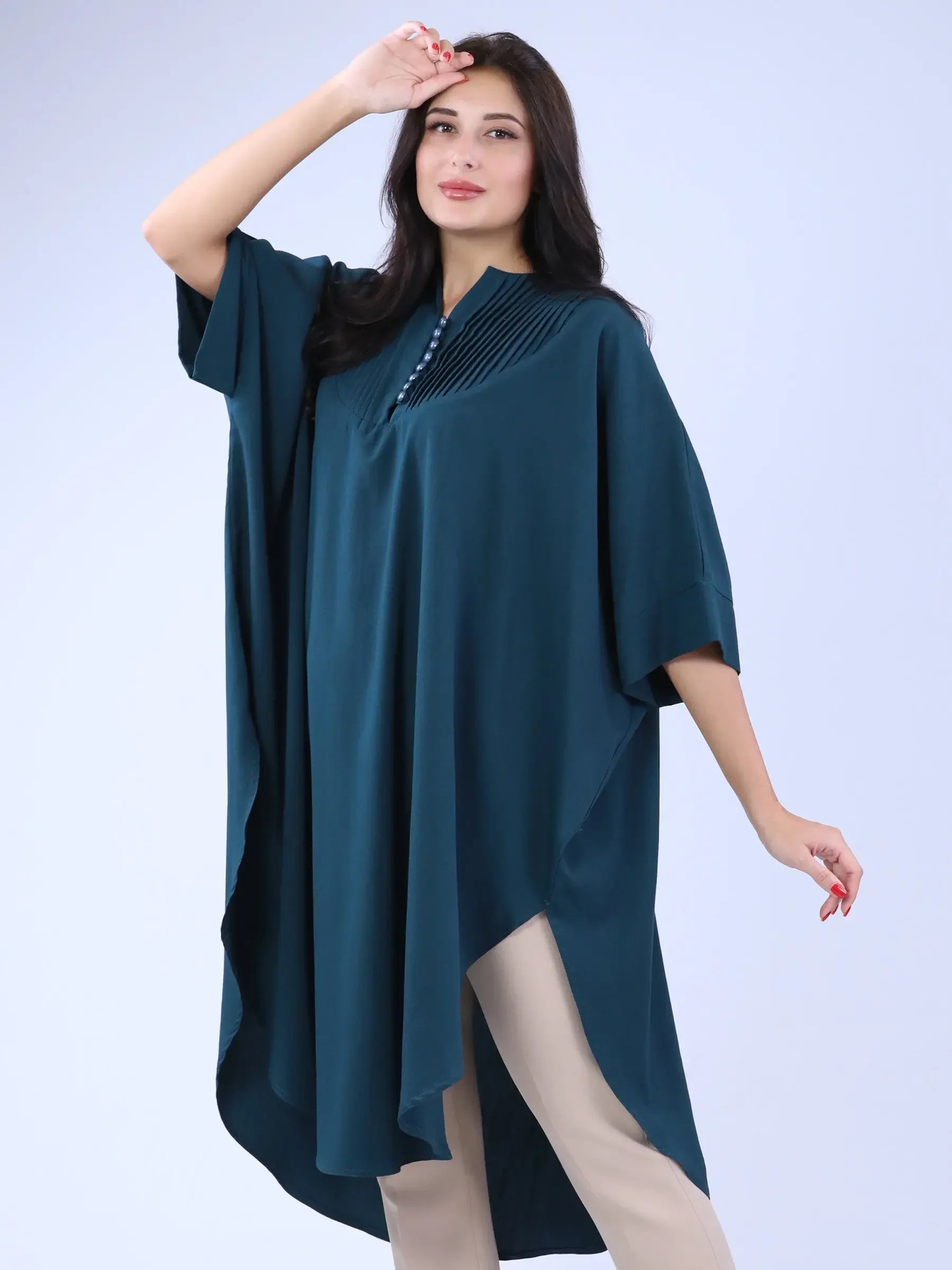 Palestinian Elegance casual modest cape top in dark teal with loose fit and pleated details