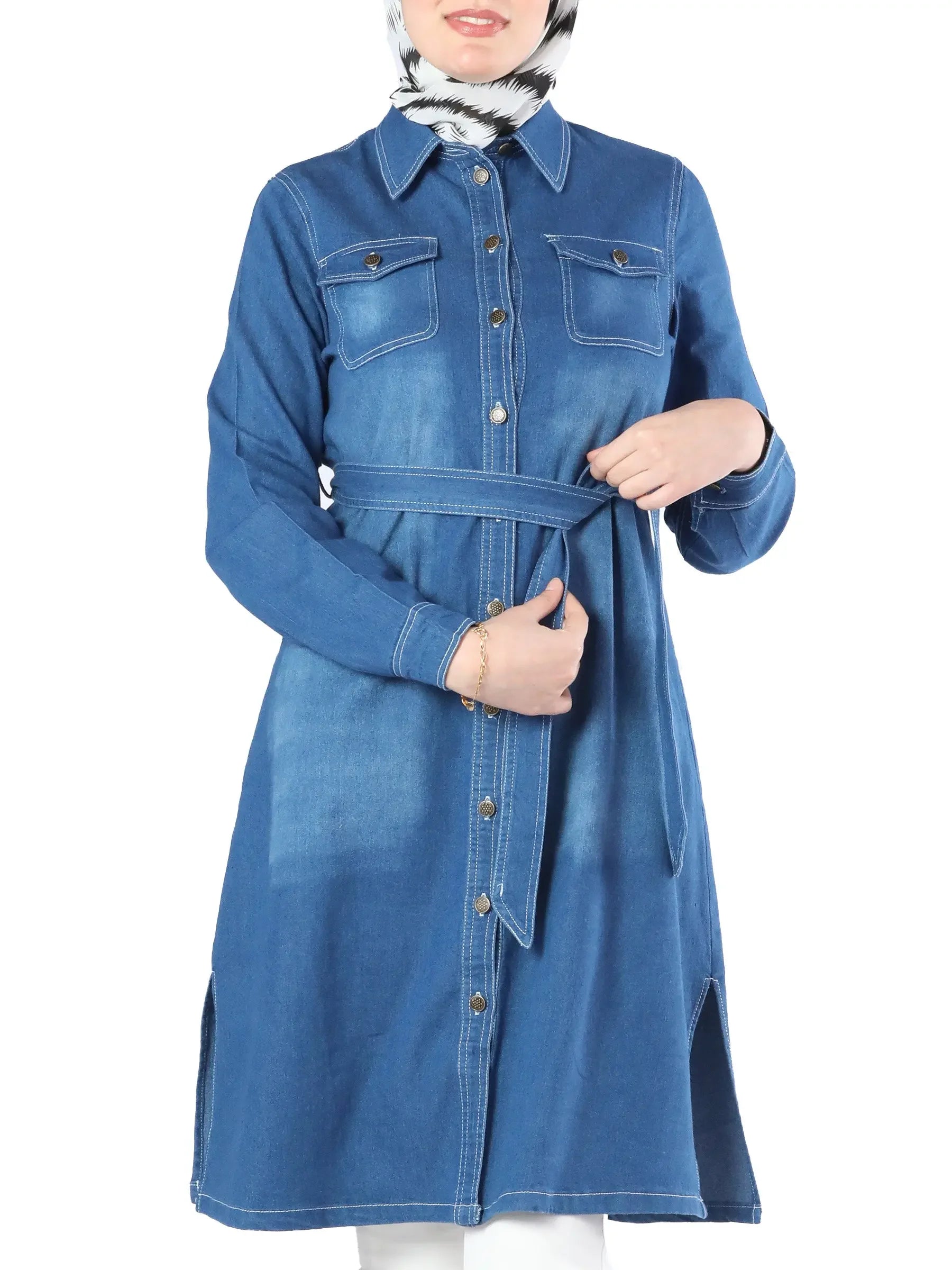 Palestinian Elegance modest denim shirt dress with long sleeves and front button closure