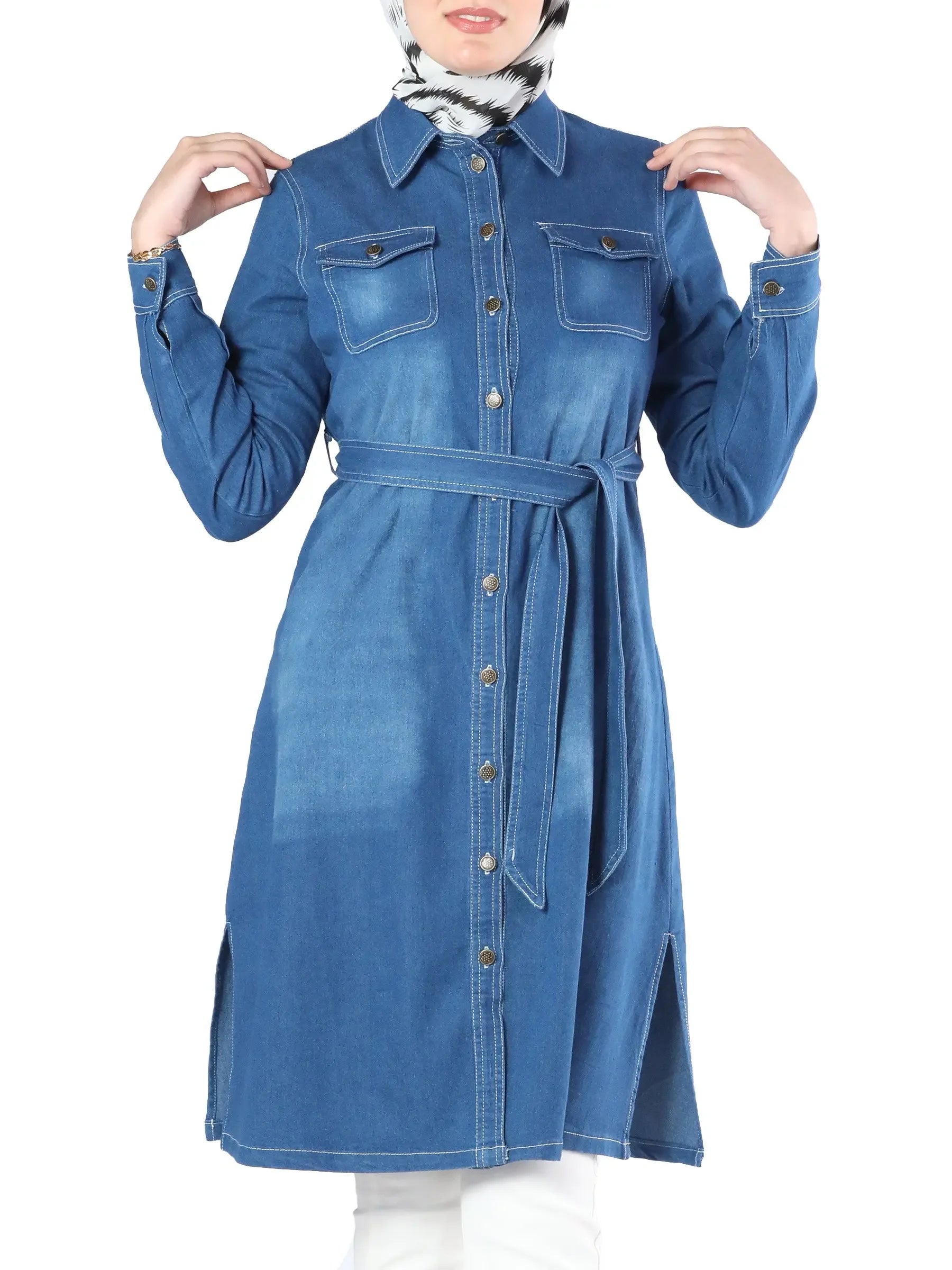 Palestinian Elegance modest denim shirt dress with button front and waist tie belt for casual wear