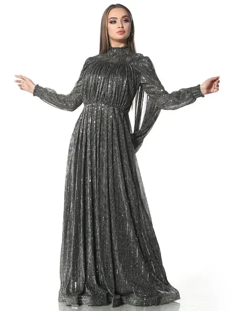 Palestinian Elegance modest glittery evening dress with long sleeves and flowing skirt