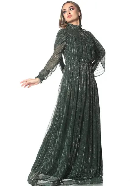 Palestinian Elegance modest glittery evening dress with long sleeves and high neckline in dark green